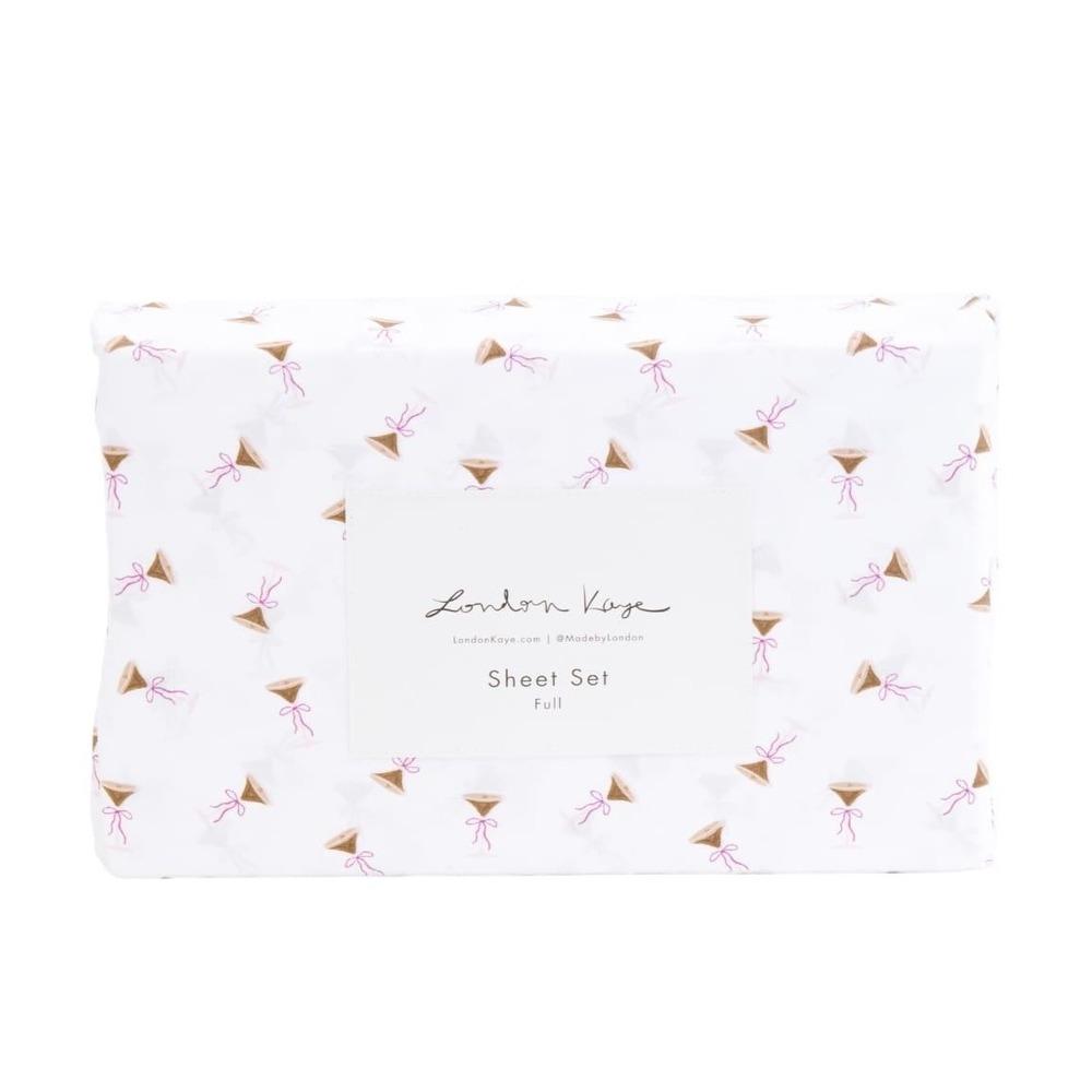 London Kaye Queen Sheet Set Martini Glass Print White Polyester‎